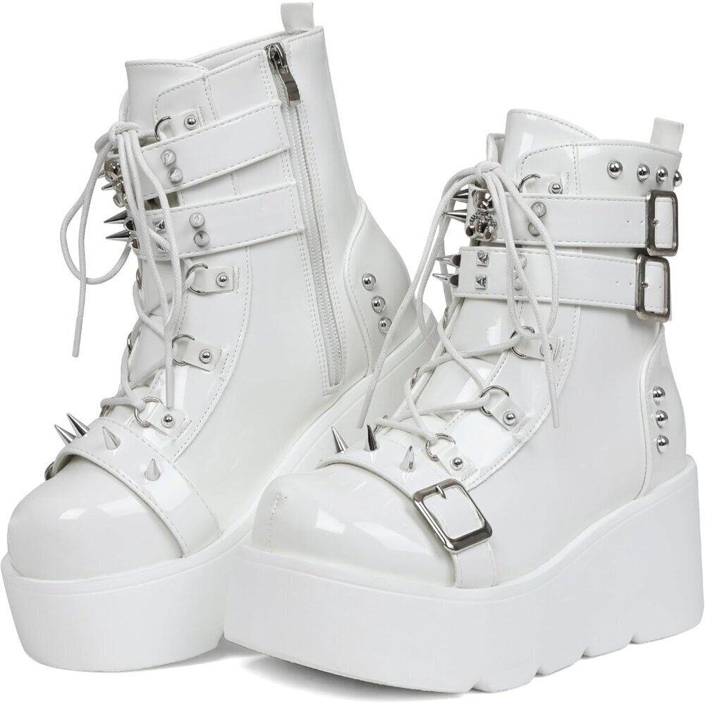 Women Polyurethane White Round Toe Buckle Leather Platform Side Zip Ankle Boot